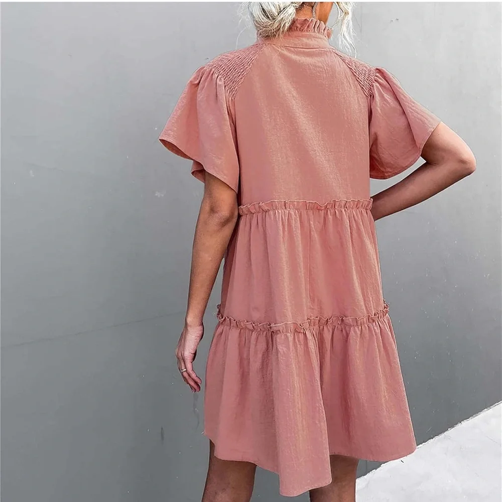 Dusty Pink Boho Tiered Peasant Dress | Feather Tie Neckline & Puff Sleeves Sold❌ - Picture 3 of 5